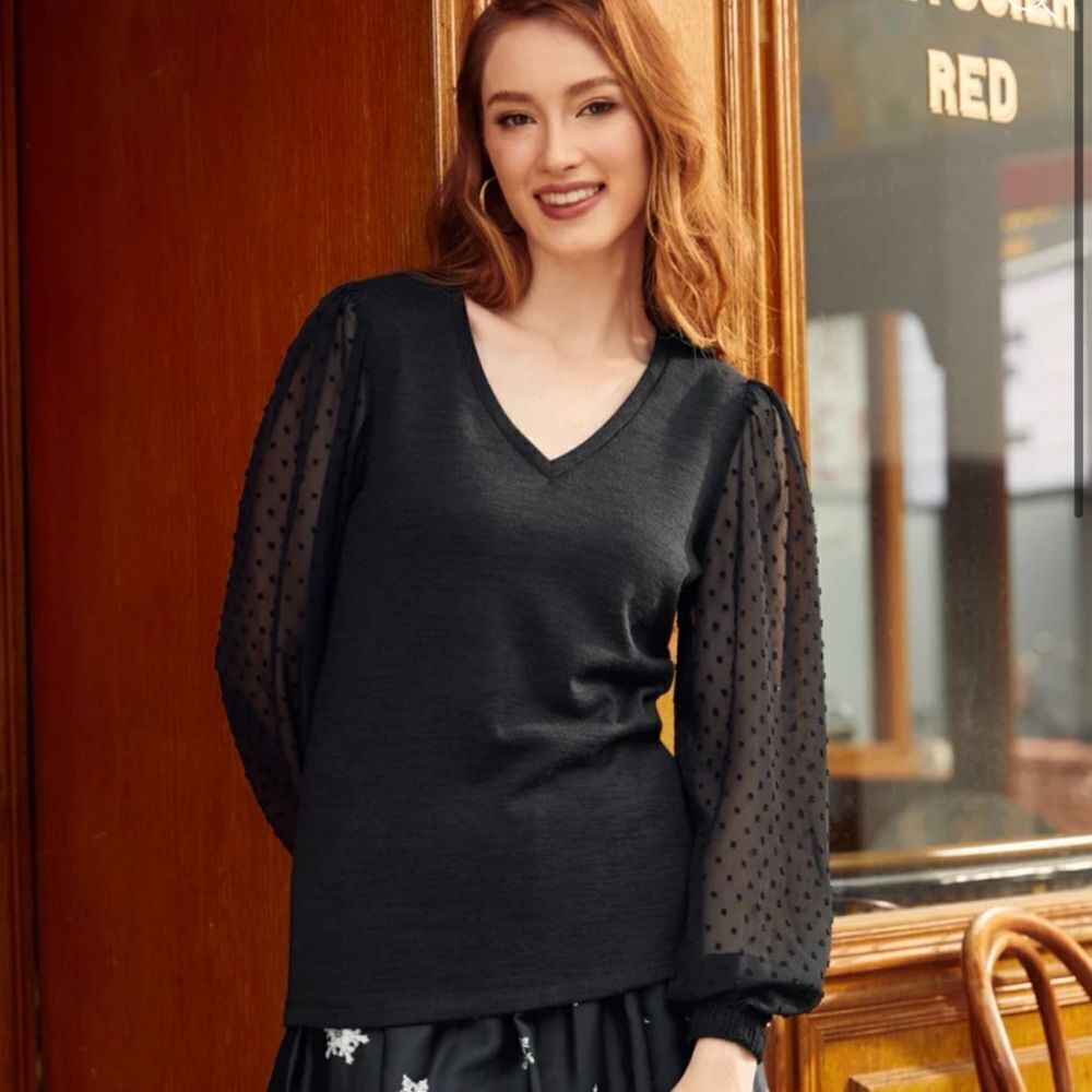 Modcloth More After Midnight Top Black Long Sleeve Sheer Polka Dot Sleeve M NWT
